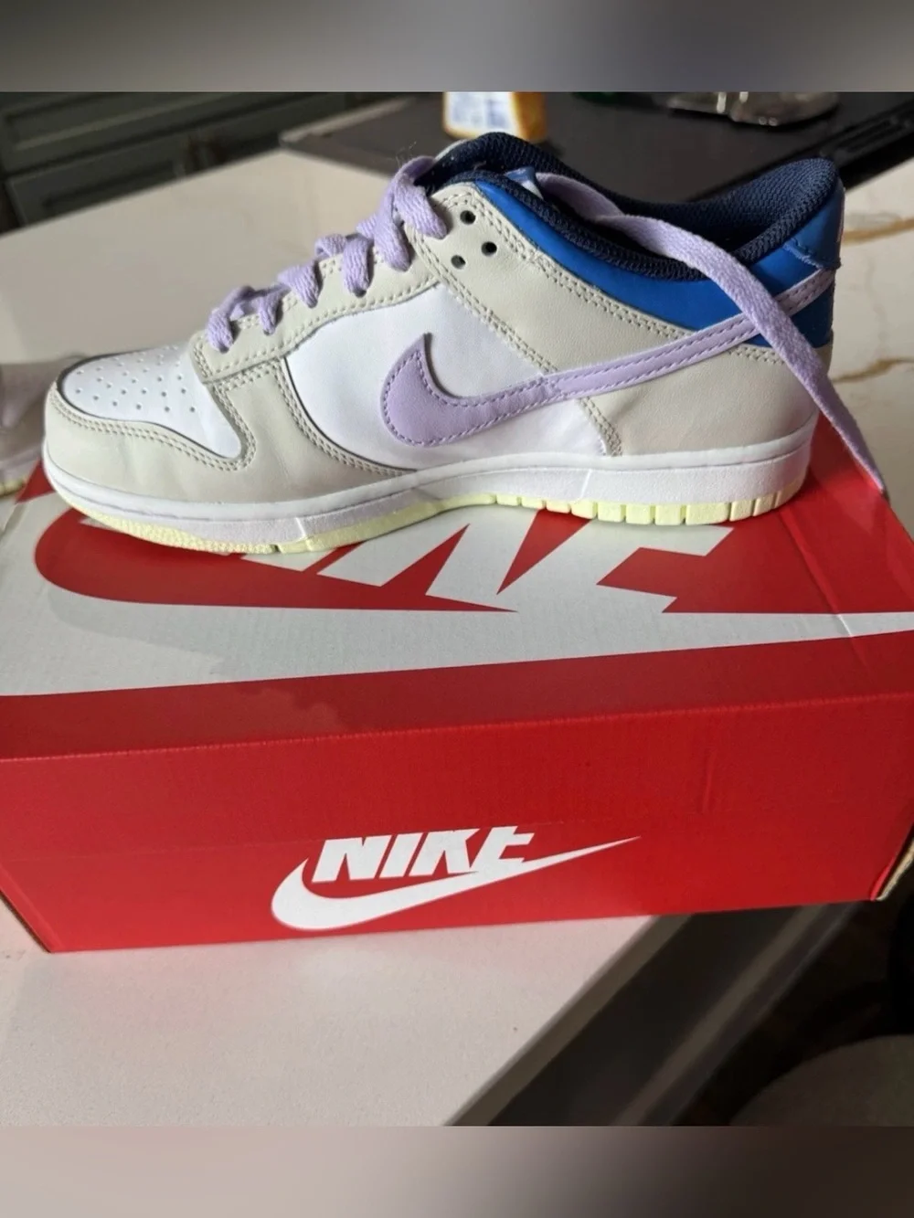 Nike Dunk Low, Tan/Purple/White, Size 6Y
